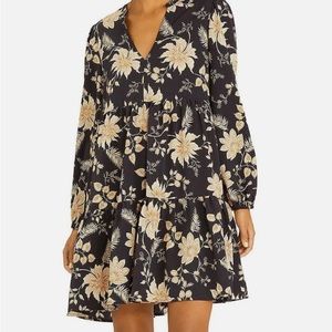 Sanctuary mini dress, flowy, split neckline, black with tan/taupe florals, sz L